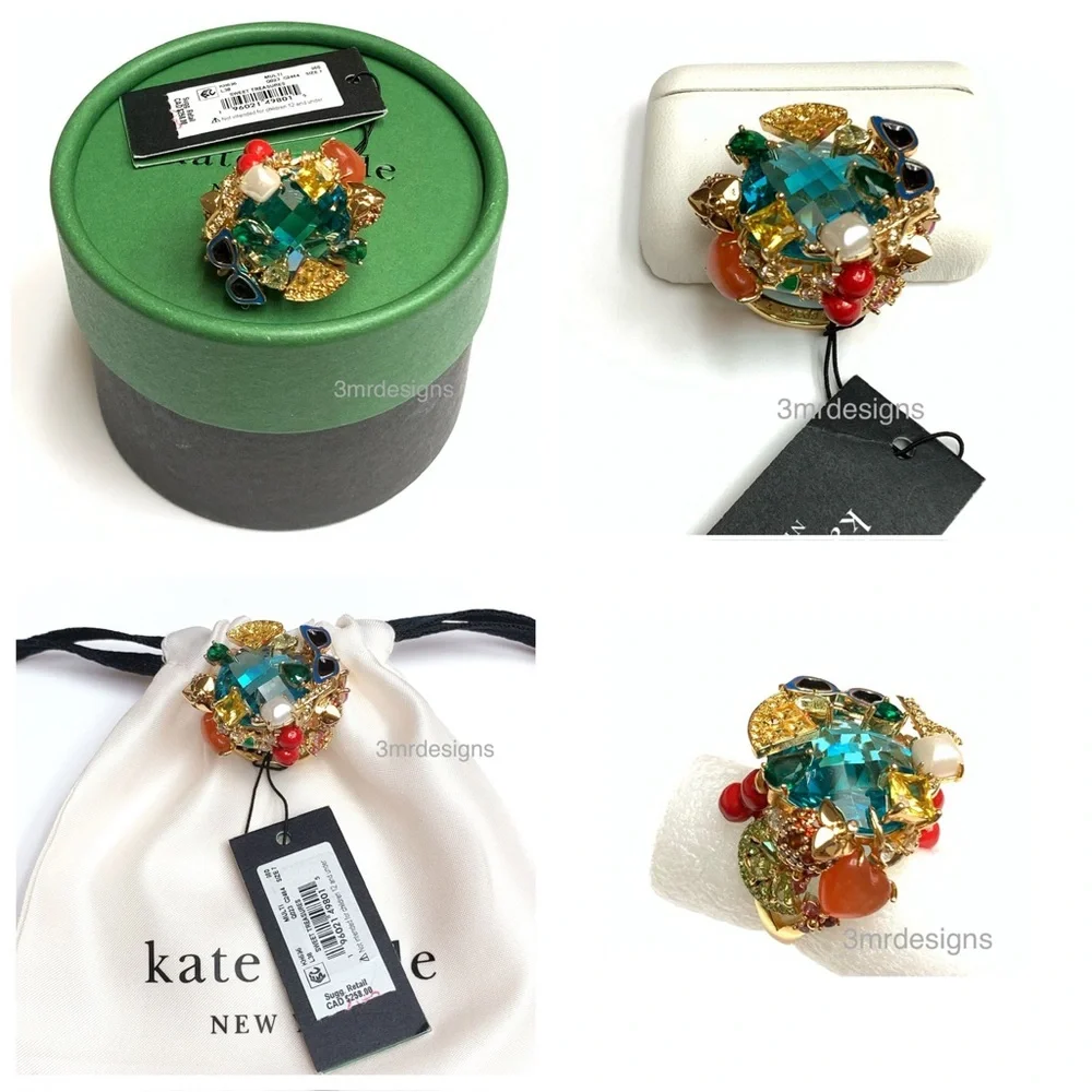 NWT Kate Spade ♠️ SWEET TREASURES 12-K Gold Plated Glass Pearl/CZ Crystals Ring - Picture 3 of 12